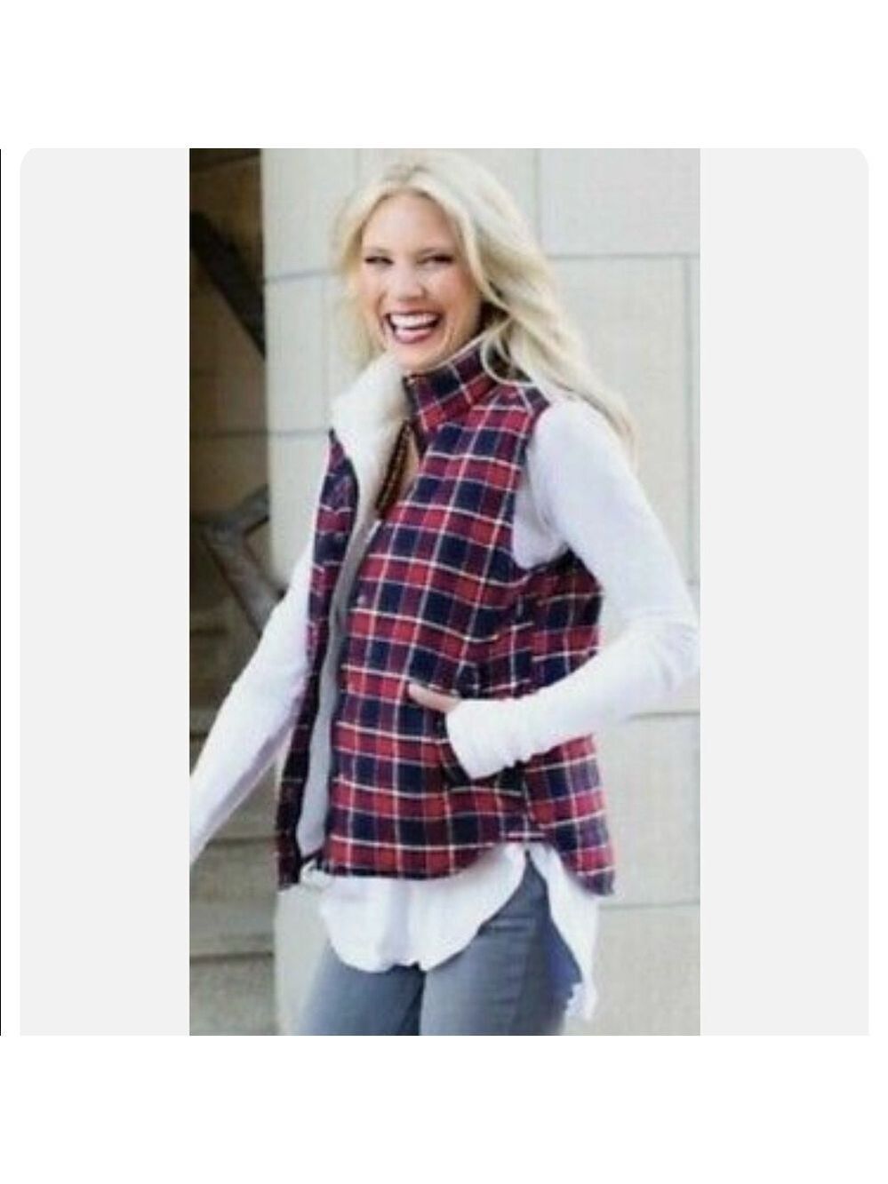 𝅺guc Skies are Blue Plaid Sherpa Lined Vest Size M